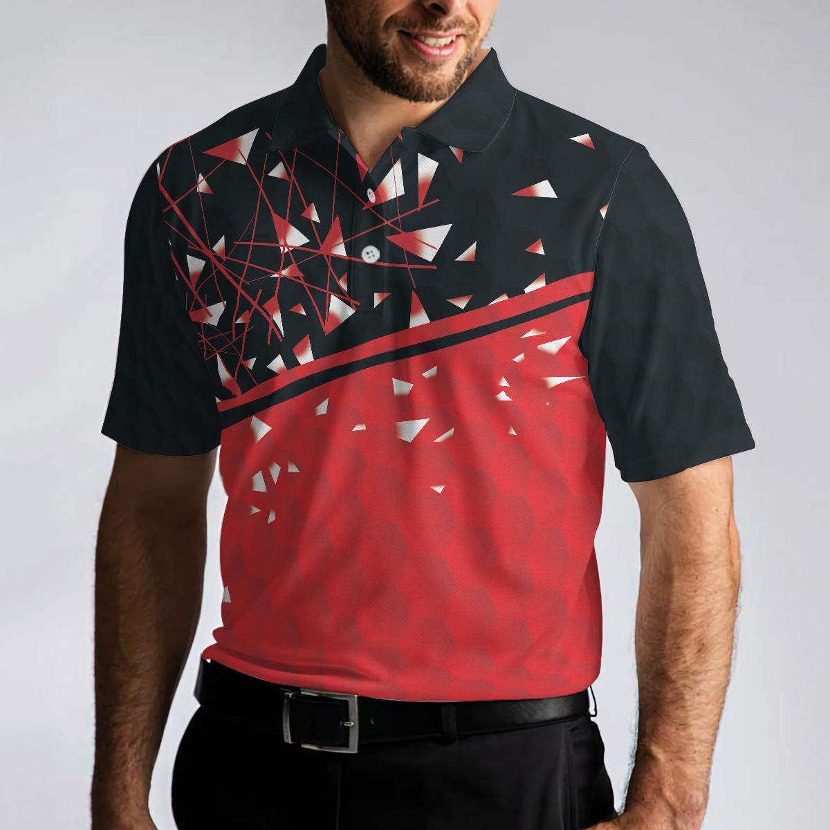 Sporty Golf Breaker Red And Black Golf Polo Shirt, Red And White Triangle Pattern Shirt Design, Best Golf Gift Idea - Hyperfavor