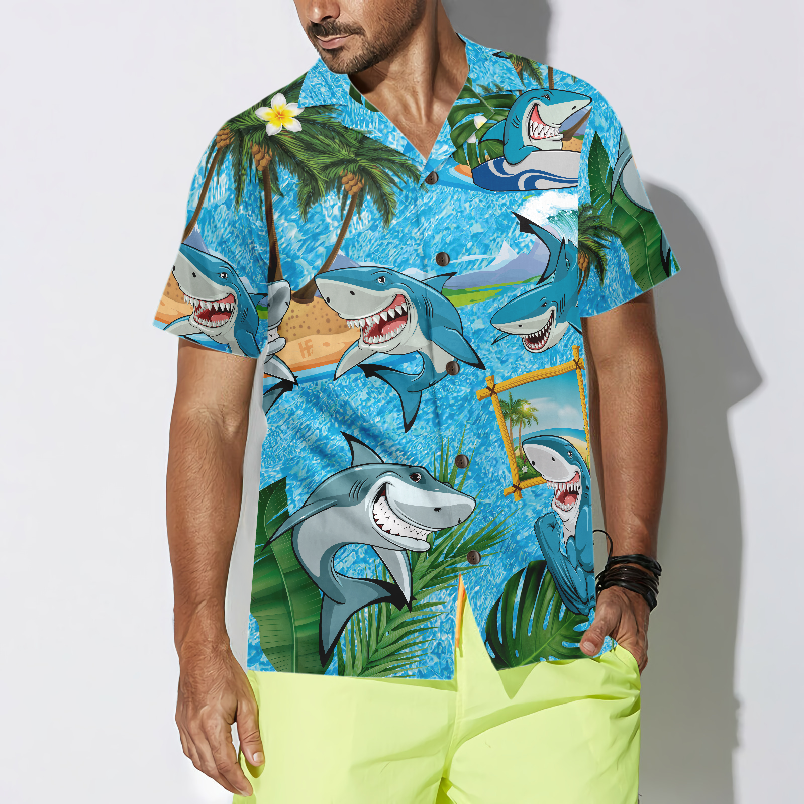 Sharks On The Beach Hawaiian Shirt - Hyperfavor