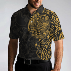 Strong And Cool Polynesian Pattern Polo Shirt, Luxury Black And Gold Shirt For Men - Hyperfavor