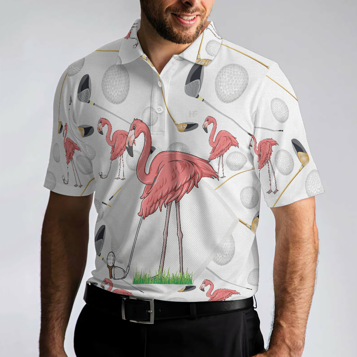 Flamingo Golfer Polo Shirt, Pink Flamingo Golf Polo Shirt, Flamingo Themed Short Sleeve Shirt For Golfers - Hyperfavor