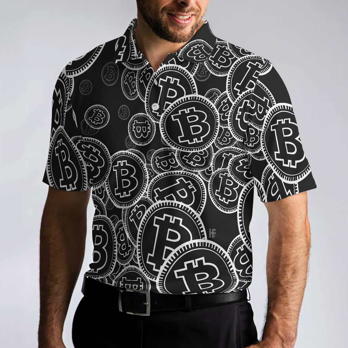 Digital Bitcoin Crypto Polo Shirt, Cool Cryptocurrency Short Sleeve Shirt, Black And White Bitcoin Polo - Hyperfavor