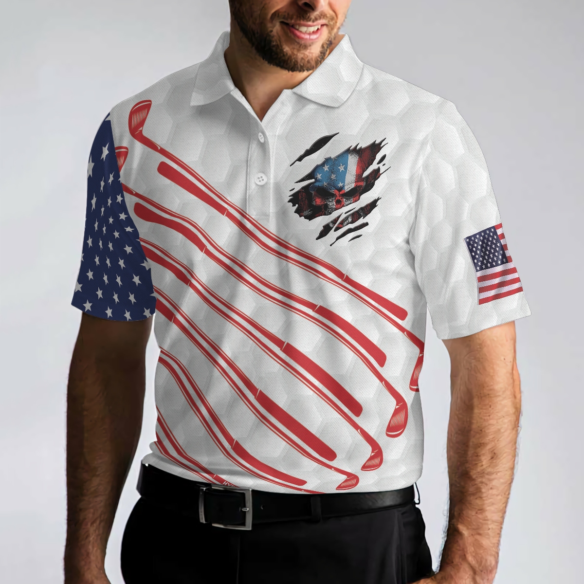 Golf American Flag Golf Club Skull Golf Polo Shirt, Ripped American Flag Polo Shirt, Patriotic Golf Shirt For Men - Hyperfavor