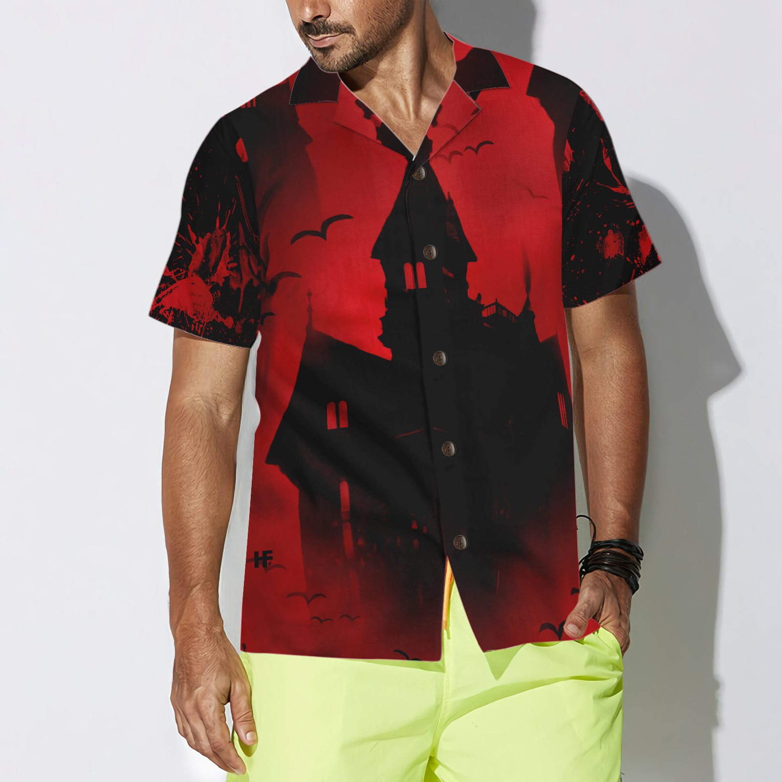 Scary Vampire Castle Halloween Hawaiian Shirt For Men, Black And Red Castle Transylvania Hawaiian Shirt - Hyperfavor