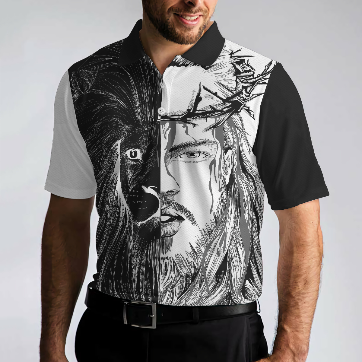 Jesus Christ Lion Contrast Art Christian Polo Shirt, Black And White Christian Shirt For Men - Hyperfavor