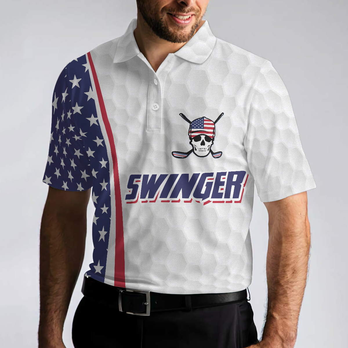 Swinger Skull Golf Polo Shirt, Golf Pattern American Flag Polo Shirt, Best Golf Shirt For Men - Hyperfavor