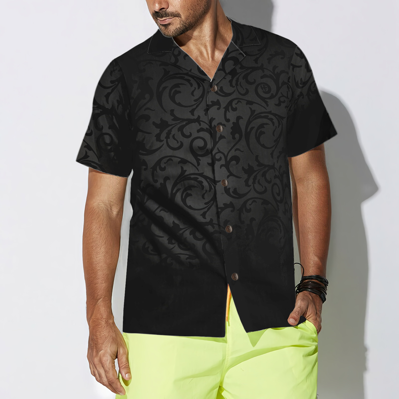 Black And Grey Seamless Floral Goth Style Hawaiian Shirt - Hyperfavor