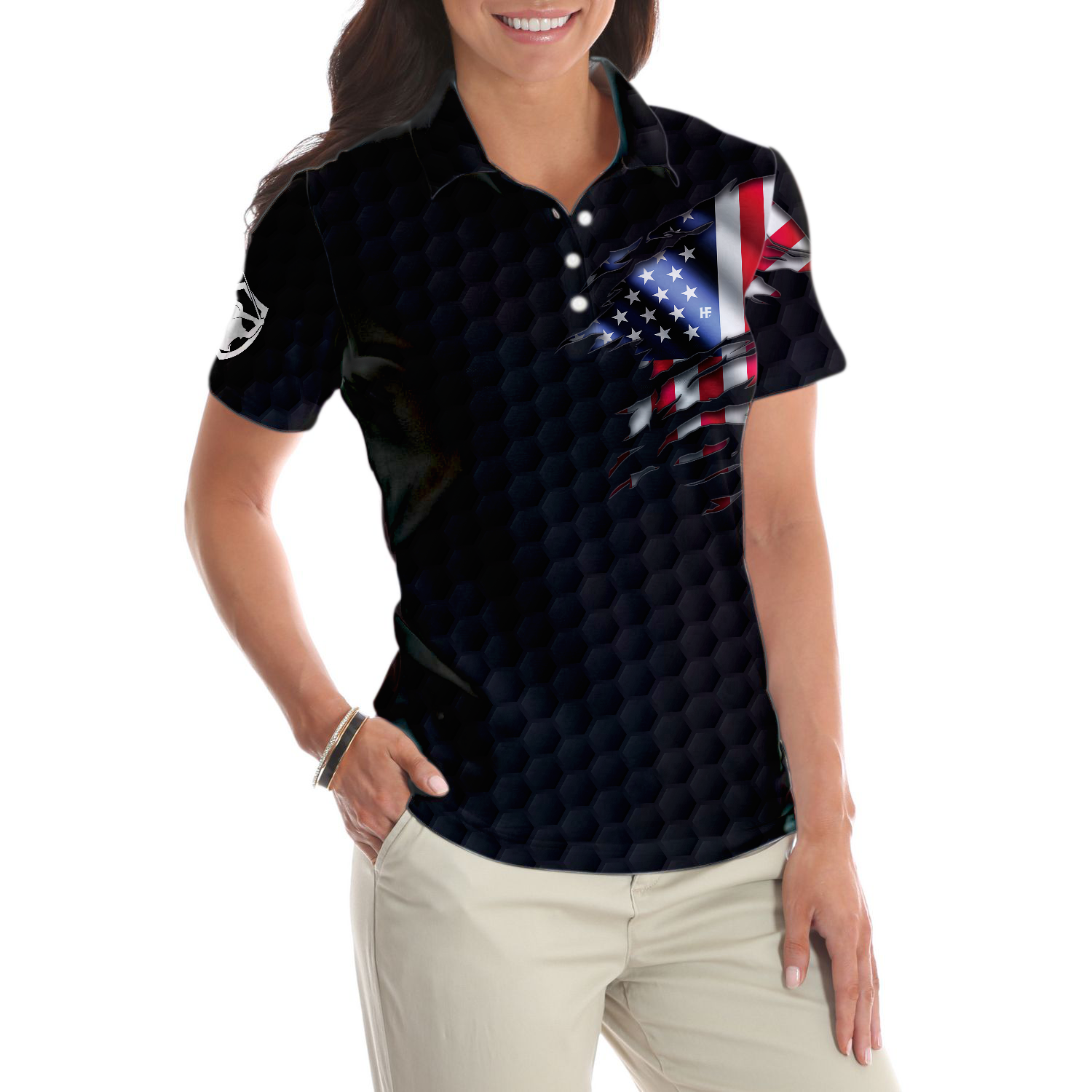 American Women Golfer Black Version Golf Short Sleeve Women Polo Shirt, American Flag Ladies Golf Shirt - Hyperfavor