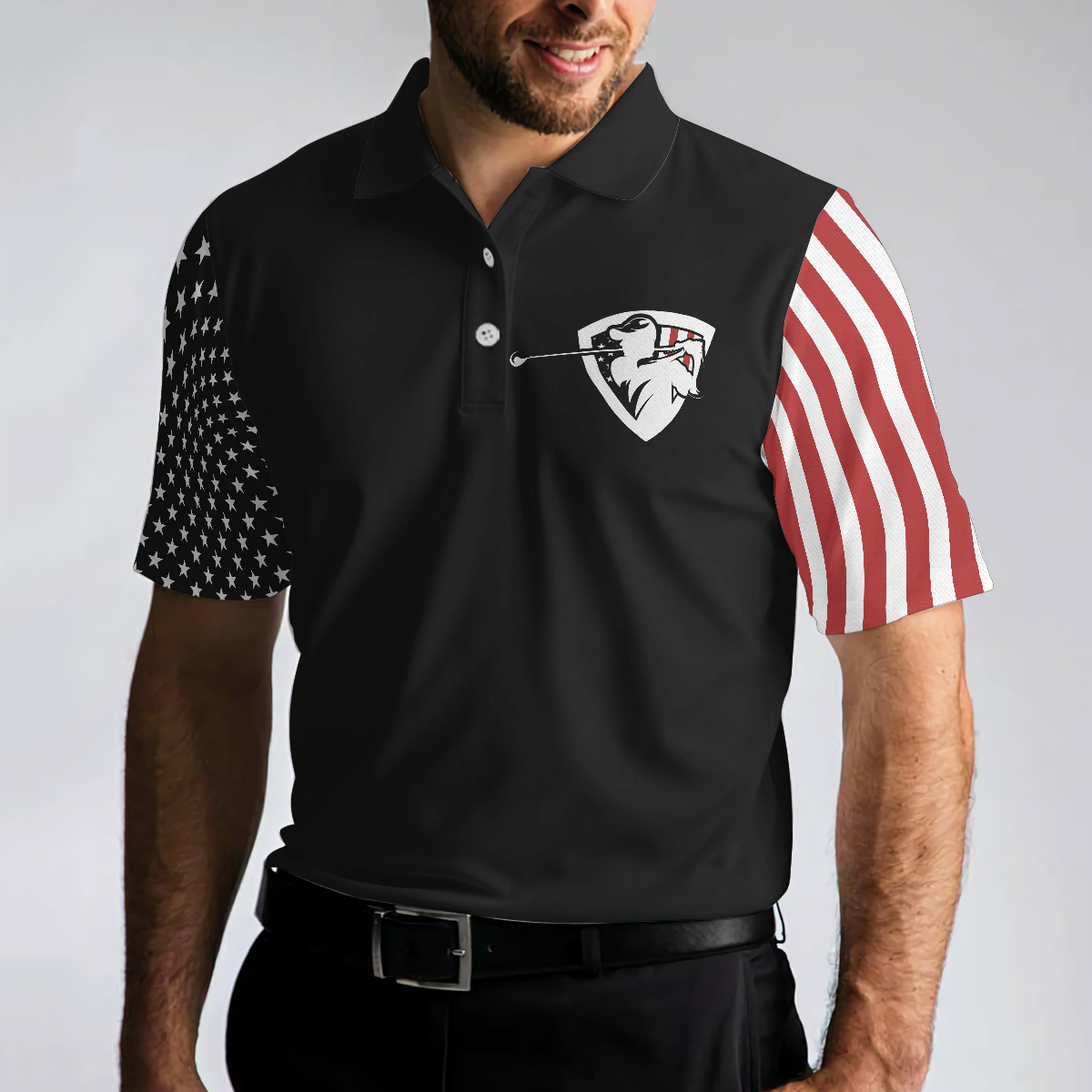 Proud American Short Sleeve Golf Polo Shirt, Dark Theme American Flag Polo Shirt, Patriotic Golf Shirt For Men - Hyperfavor