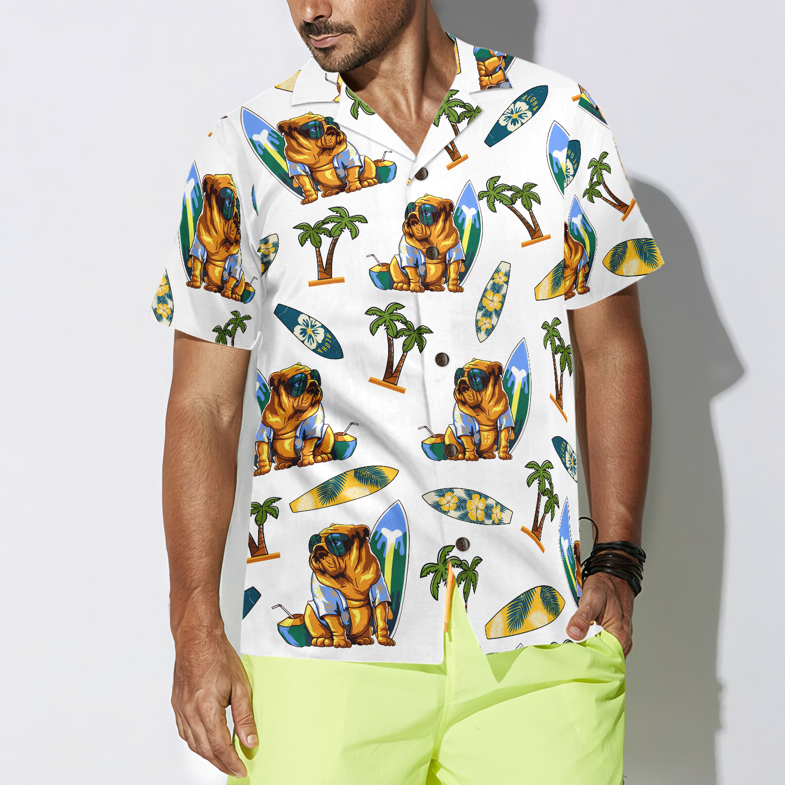 Bulldog Surf And Palm Hawaiian Shirt - Hyperfavor