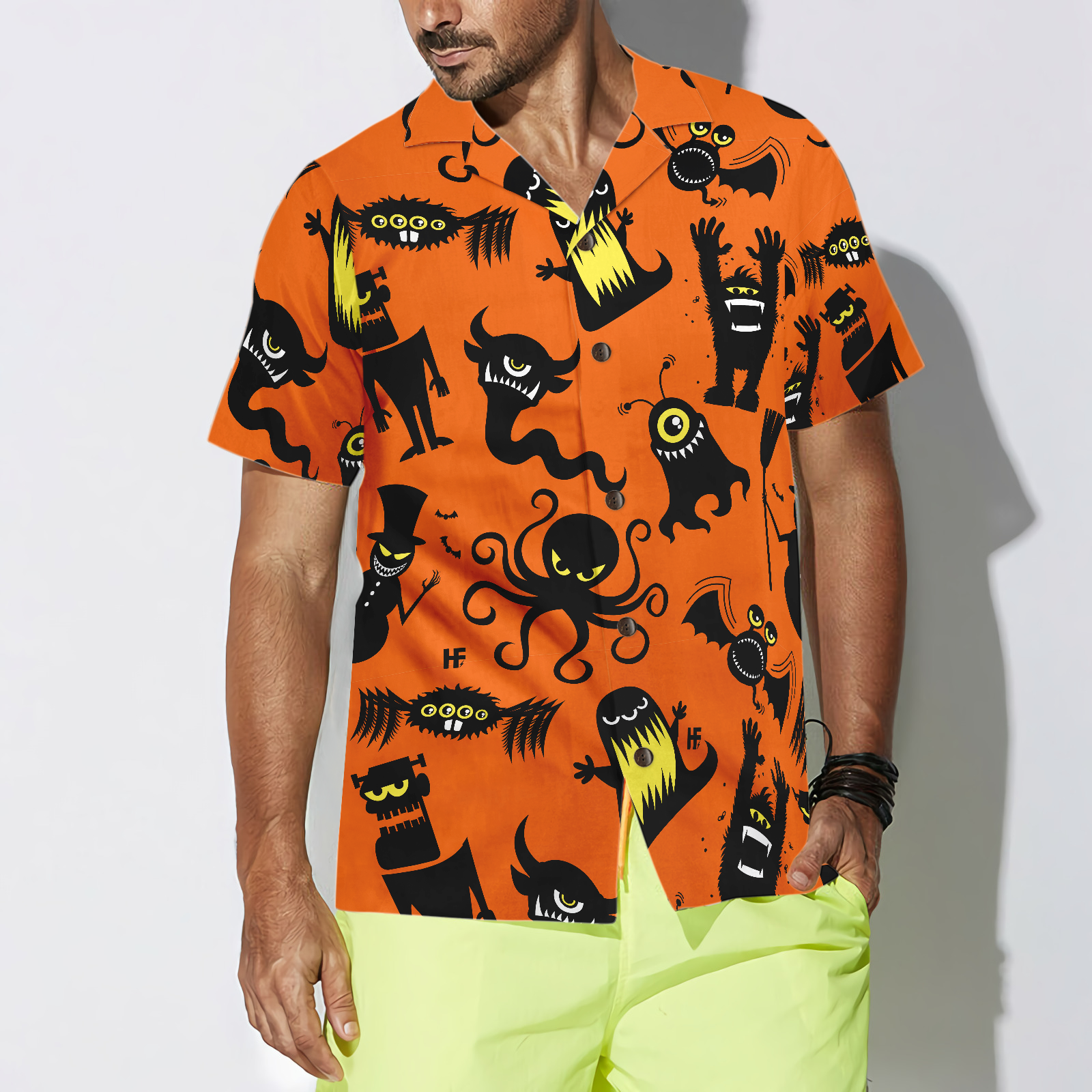 Cute Monster Silhouette Halloween Bigfoot Hawaiian Shirt, Pumpkin Orange And Black Halloween Bigfoot Shirt For Men - Hyperfavor