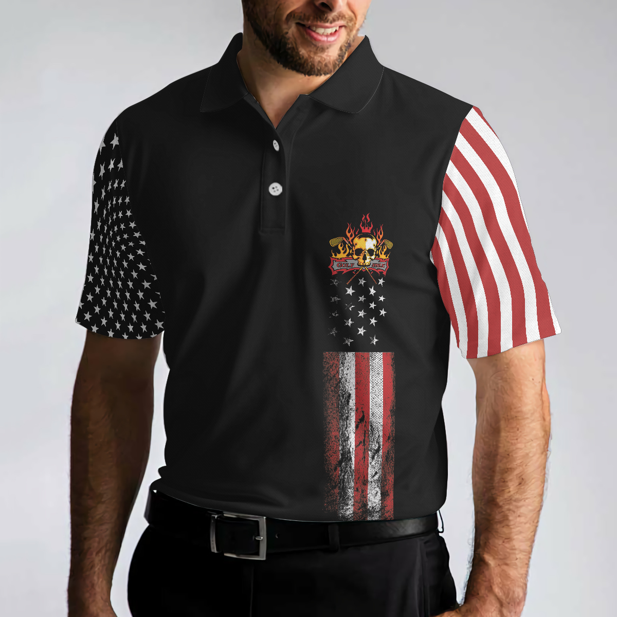 8-ball American Flag Short Sleeve Pattern Wet Paint Skull Golf Polo Shirt, Dark Theme American Flag Polo Shirt, Best Golf Shirt For Men - Hyperfavor