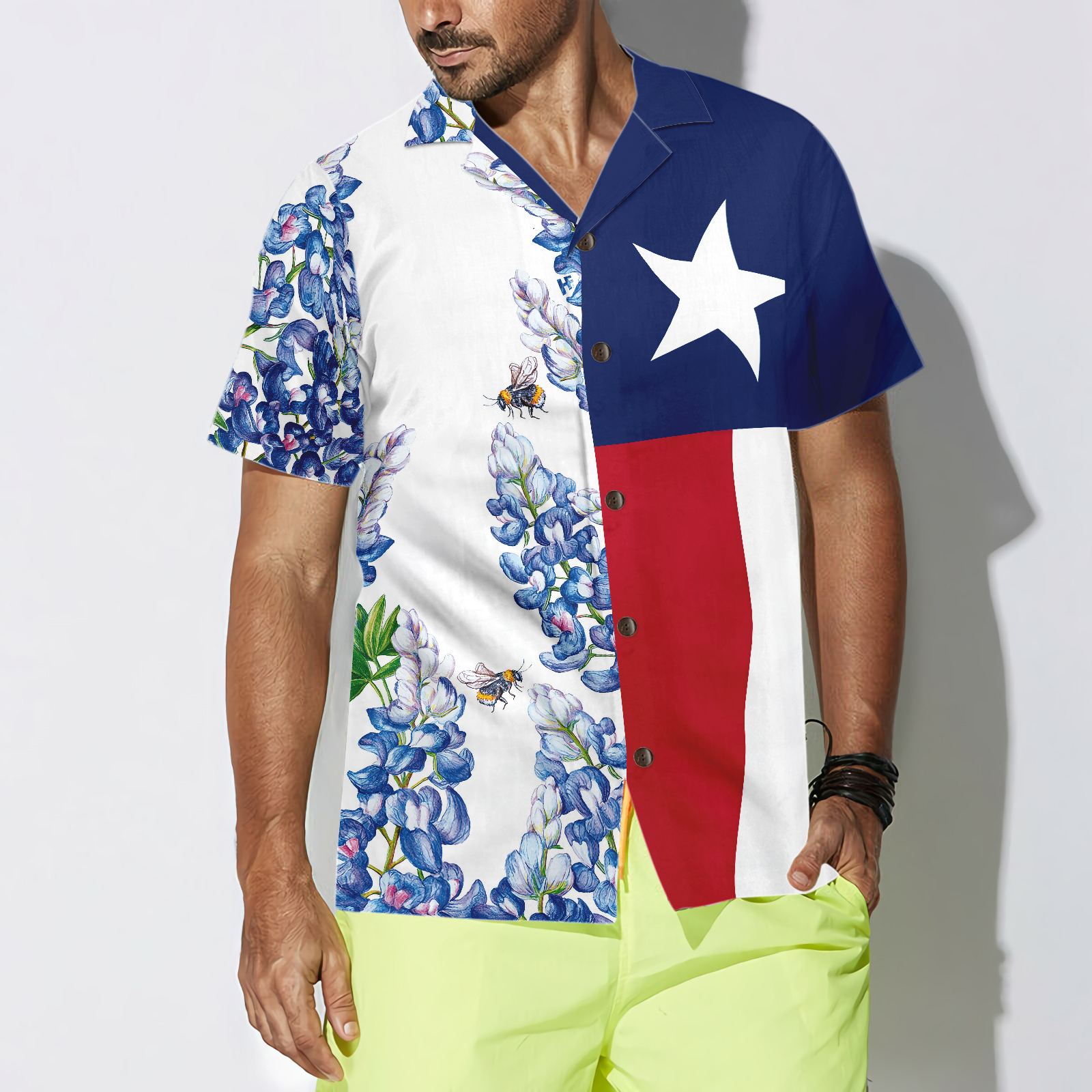 Royal Blue Bluebonnet Texas Hawaiian Shirt, Floral Texas Flag Shirt Vertical Version Italic Star, Proud Texas Shirt For Men - Hyperfavor