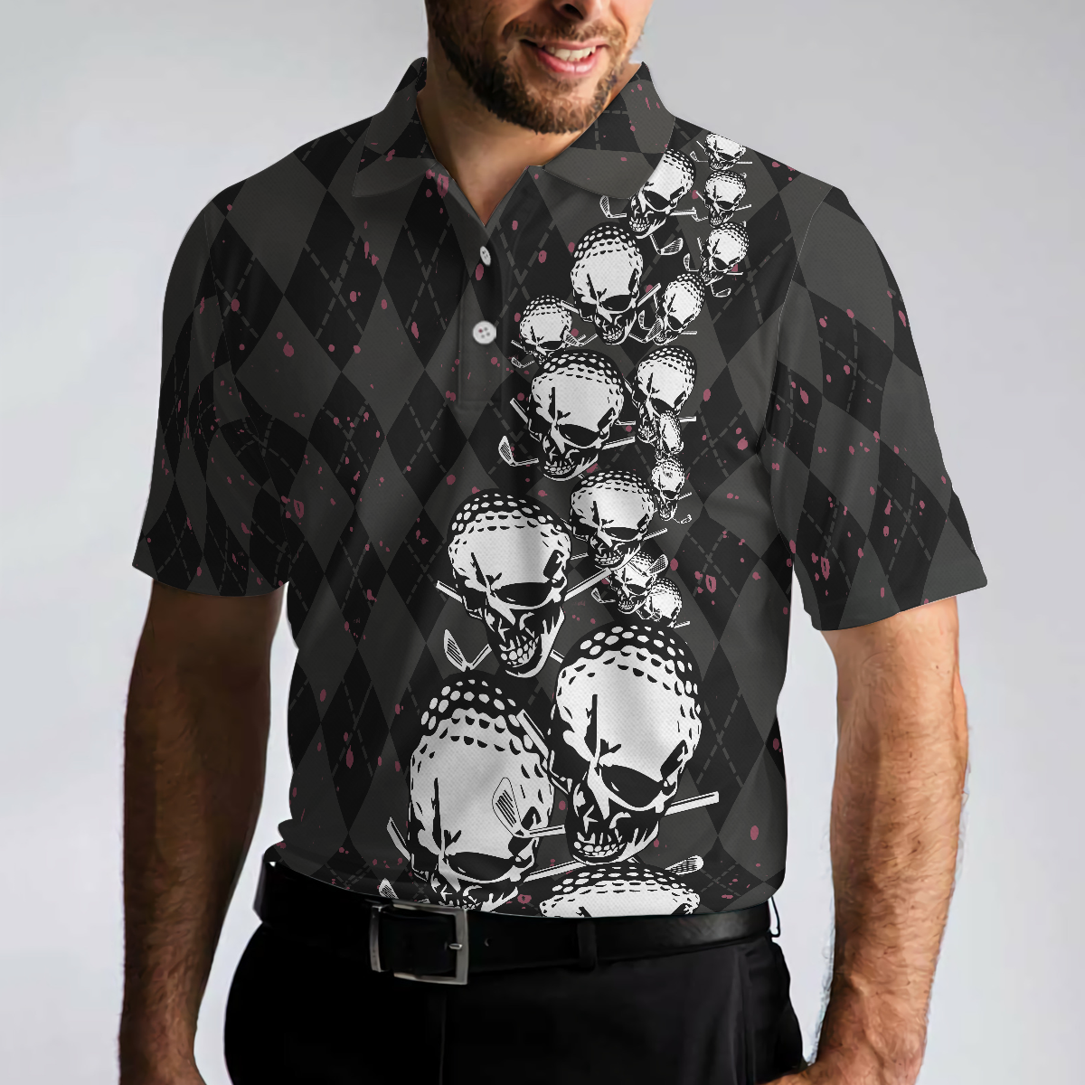 Elegant Argyle Pattern And Skull Golf Lover Polo Shirt, Black Skull Golf Shirt For Men - Hyperfavor