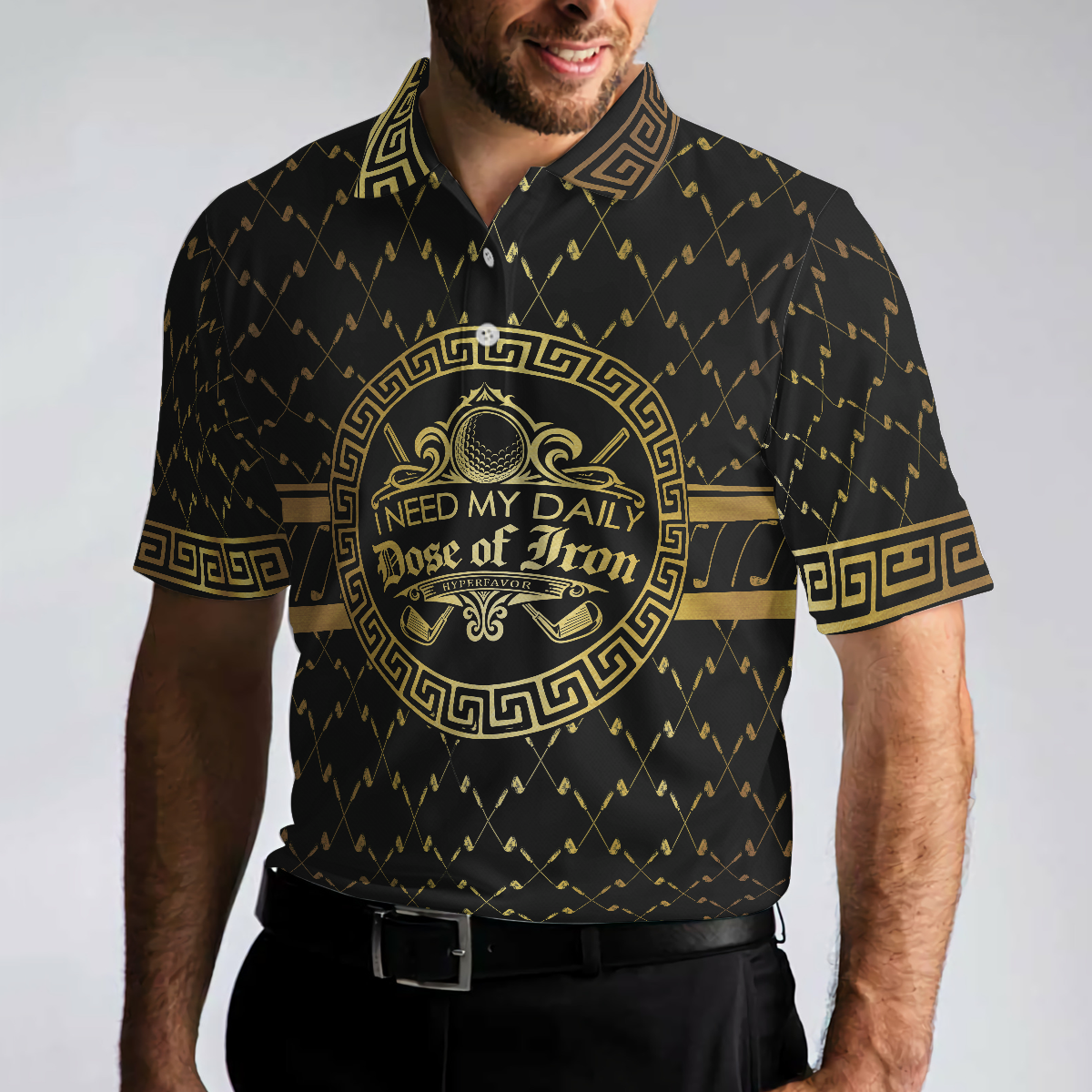 I Need My Daily Dose Of Iron Black & Gold Polo Shirt, Luxury Golden Greek Golf Shirt For Men - Hyperfavor