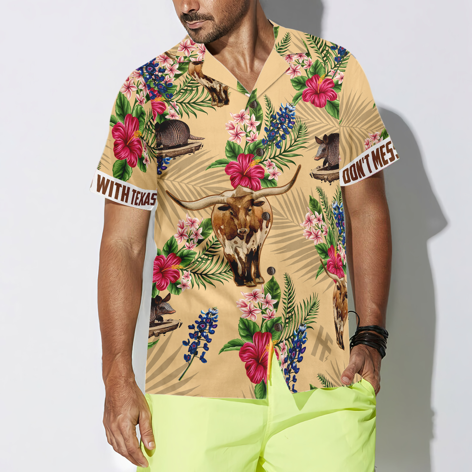 Insignia Bluebonnet Texas Hawaiian Shirt White Back Cream Version, Don't Mess With Texas Armadillo and Longhorn, Texas Home Shirt For Men - Hyperfavor