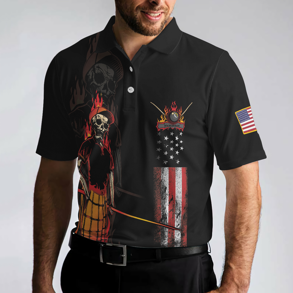 Mr Bones 8 Ball American Flag Billiards Short Sleeve Polo Shirt, Cool Skeleton Billiards Shirt For Men - Hyperfavor