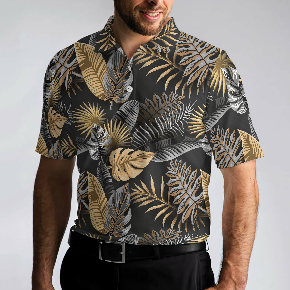 Seamless Luxury Tropical Pattern Golf Polo Shirt, Black And Gold Best Floral Golf Shirt For Men - Hyperfavor