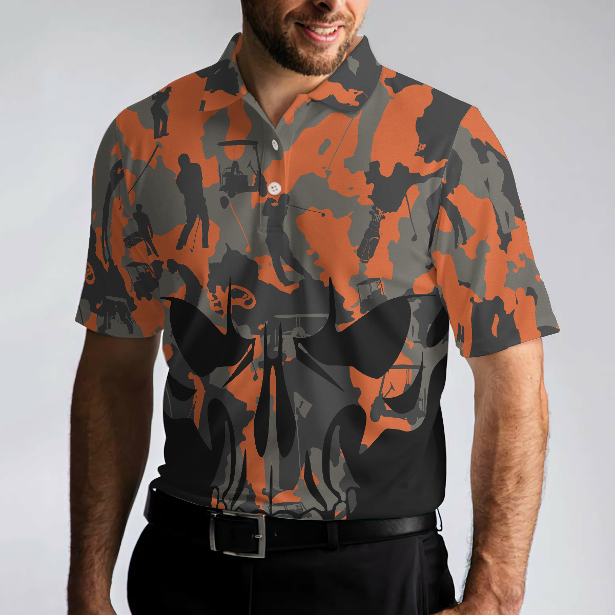 Orange Camouflage Golf Set Skull Golf Polo Shirt, Golfer Silhouette Pattern Polo Shirt, Camo Golf Shirt For Men - Hyperfavor