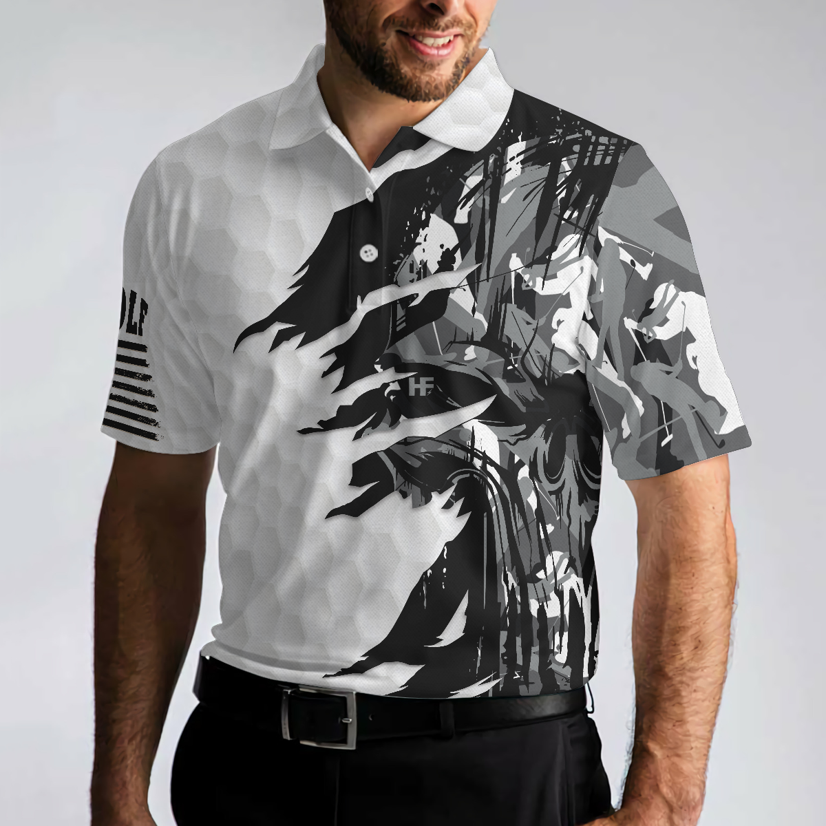 Black & White Ripped Vintage Golfing Clubs Skull Camouflage Polo Shirt, American Flag Polo Shirt, Camo Golf Shirt For Men - Hyperfavor