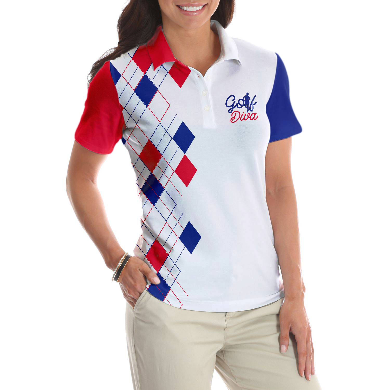 Golf Diva V2 Short Sleeve Women Polo Shirt, Red And Blue Argyle Pattern Golf Shirt For Golf Ladies - Hyperfavor