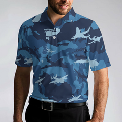 Aircraft Ocean Blue Camouflage Short Sleeve Polo Shirt, Army Polo Shirt, Best Camo Shirt For Men - Hyperfavor