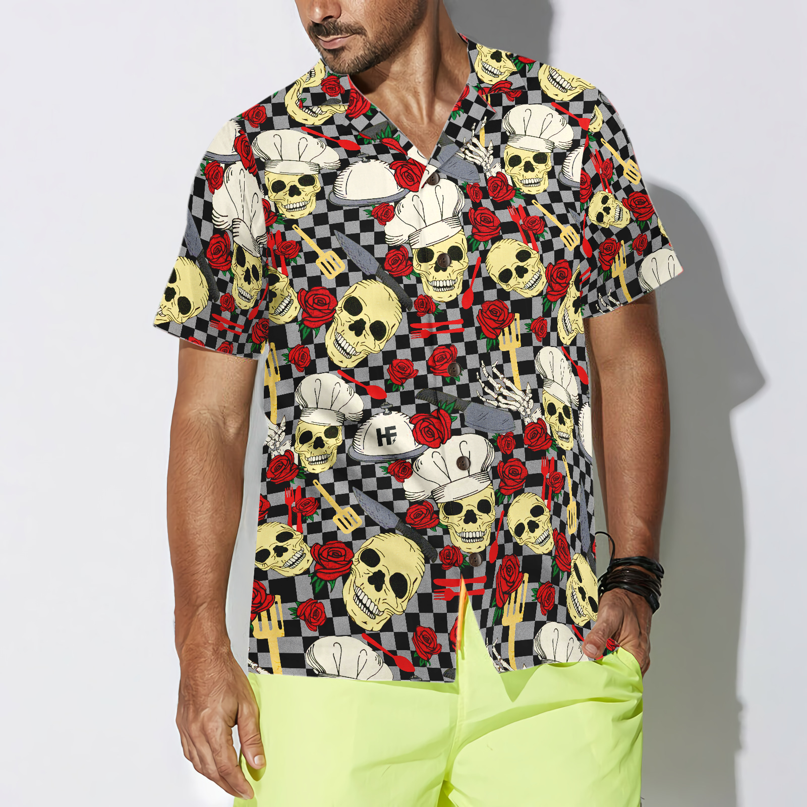 Skulls in Chef Hats and Red Roses Patterned Hawaiian Shirt - Hyperfavor