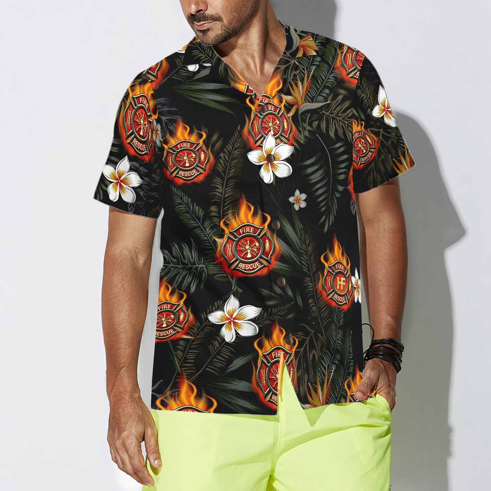 Firefighter Logo On Flame And Black Tropical Seamless Firefighter Hawaiian Shirt, Floral Firefighter Shirt For Men - Hyperfavor