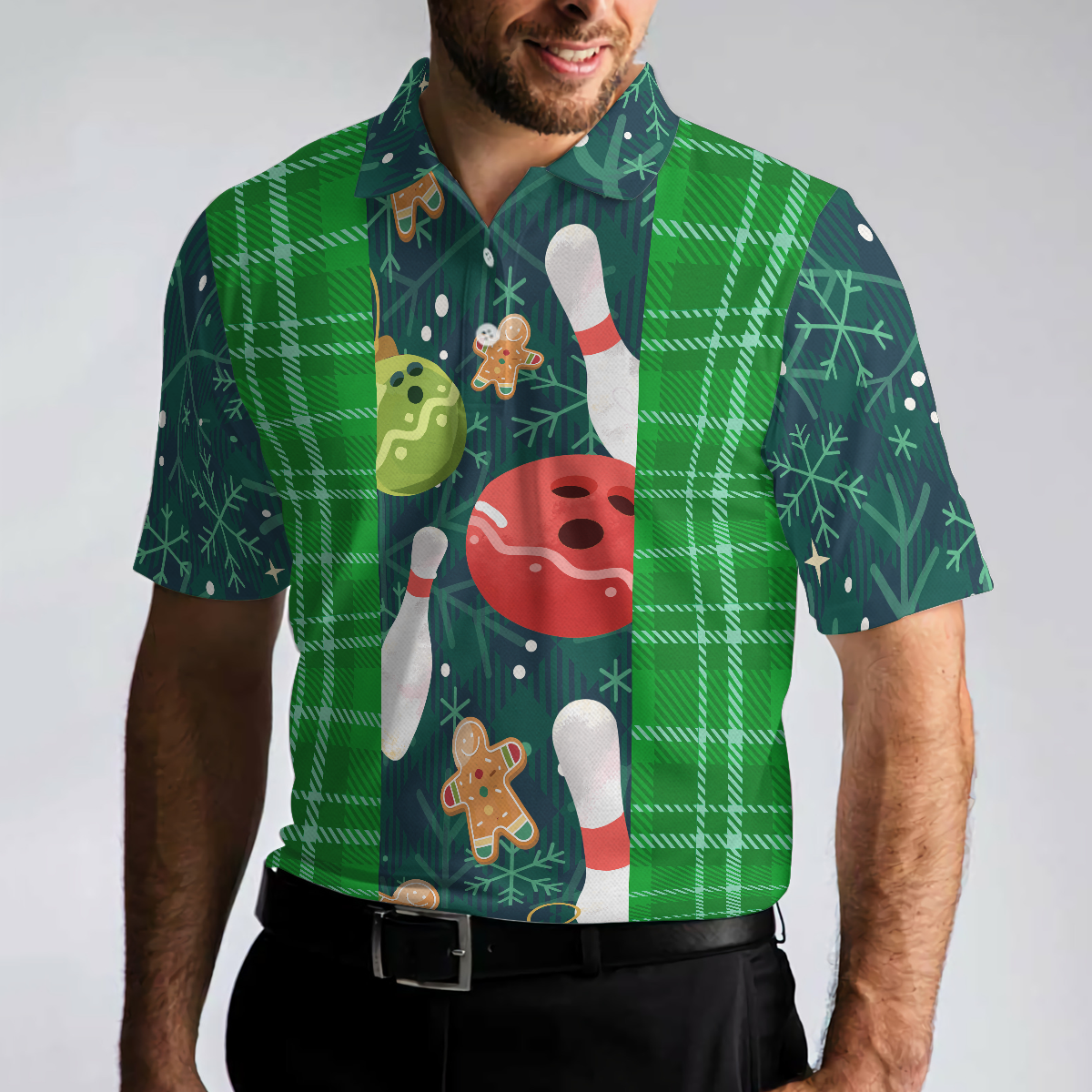 Christmas Bowling with Flannel Plaid Pattern Mens Polo Shirts - Hyperfavor