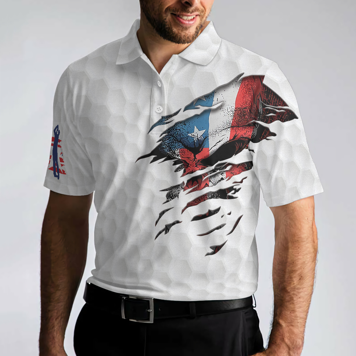 Golf Skull American Flag Short Sleeve Polo Shirt, White Golf Pattern Polo Shirt, Patriotic Golf Shirt For Men - Hyperfavor