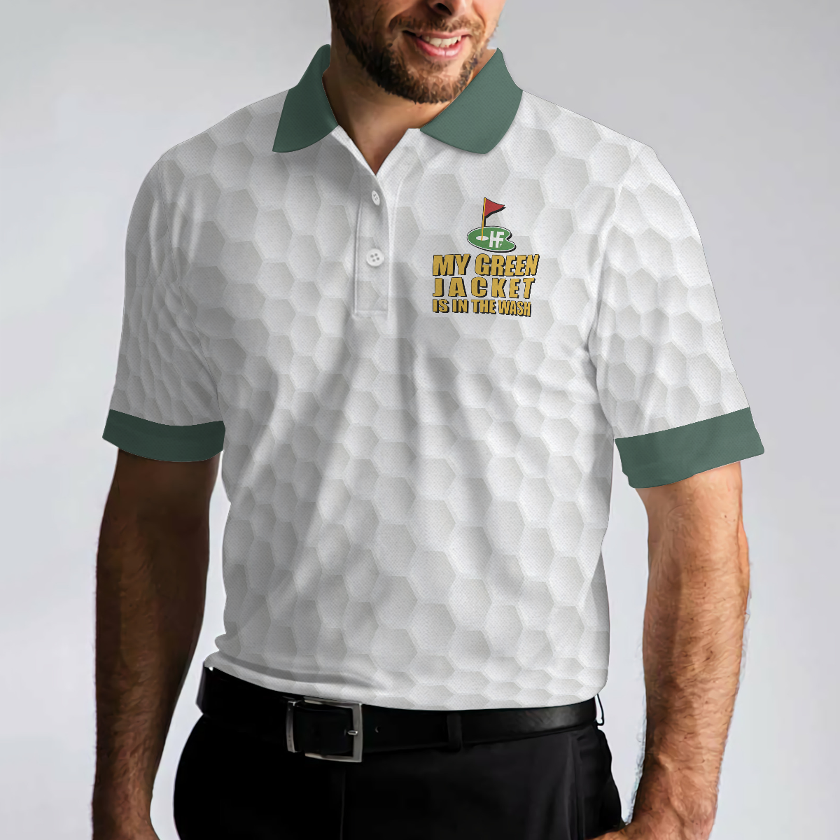 My Green Jacket Is In The Wash Polo Shirt, White Golf Pattern Forest Green American Flag Golf Shirt For Men - Hyperfavor