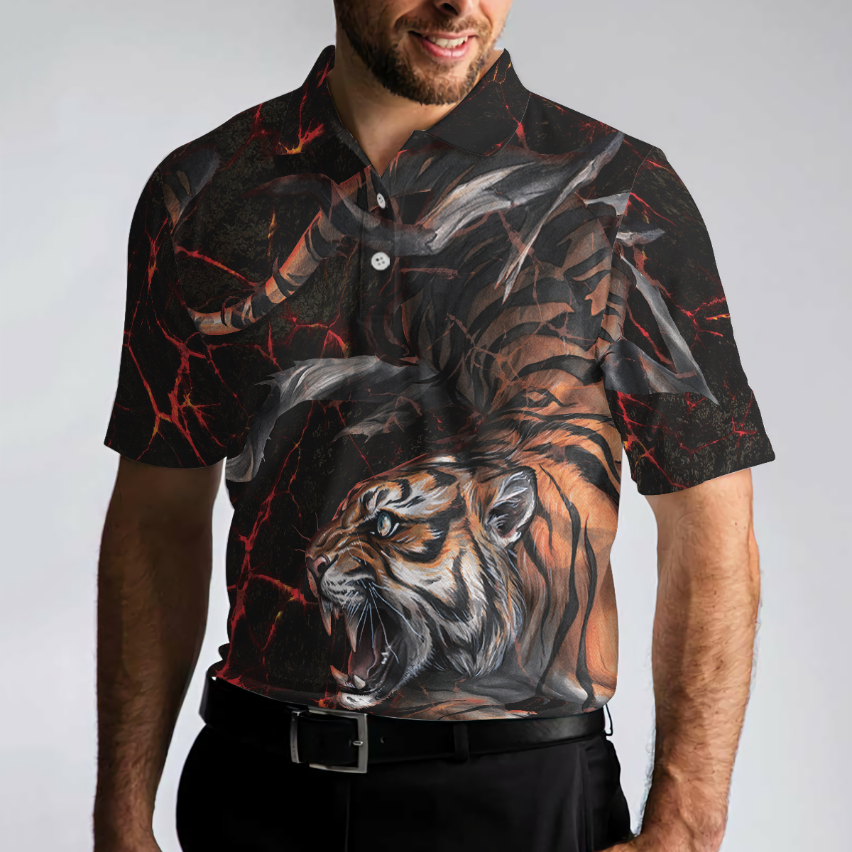 Tiger In The Dark Polo Shirt, Cool Tiger Polo Shirt For Men, Short Sleeve Tiger Shirt Gift Idea - Hyperfavor