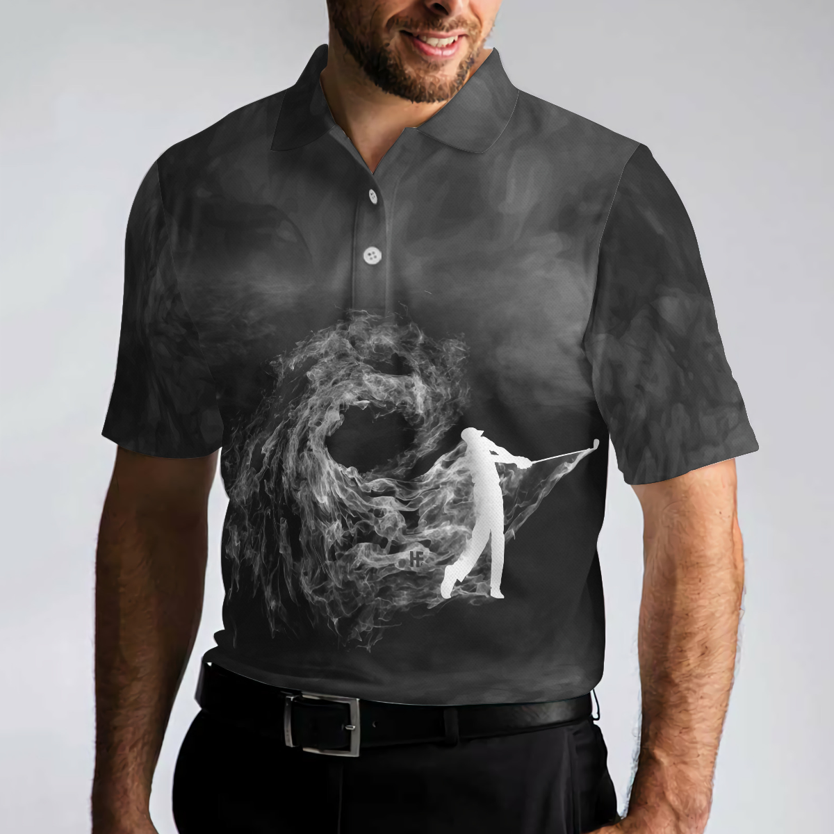 Golfer On Smoke Background Polo Shirt, Black Smoke Golfing Polo Shirt, Best Golf Shirt For Men - Hyperfavor