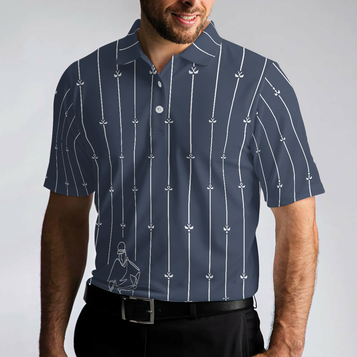 Vertical Stripe Golf Club Polo Shirt, Black And White One Line Drawing Golfer Polo Shirt, Unique Golf Shirt For Men - Hyperfavor