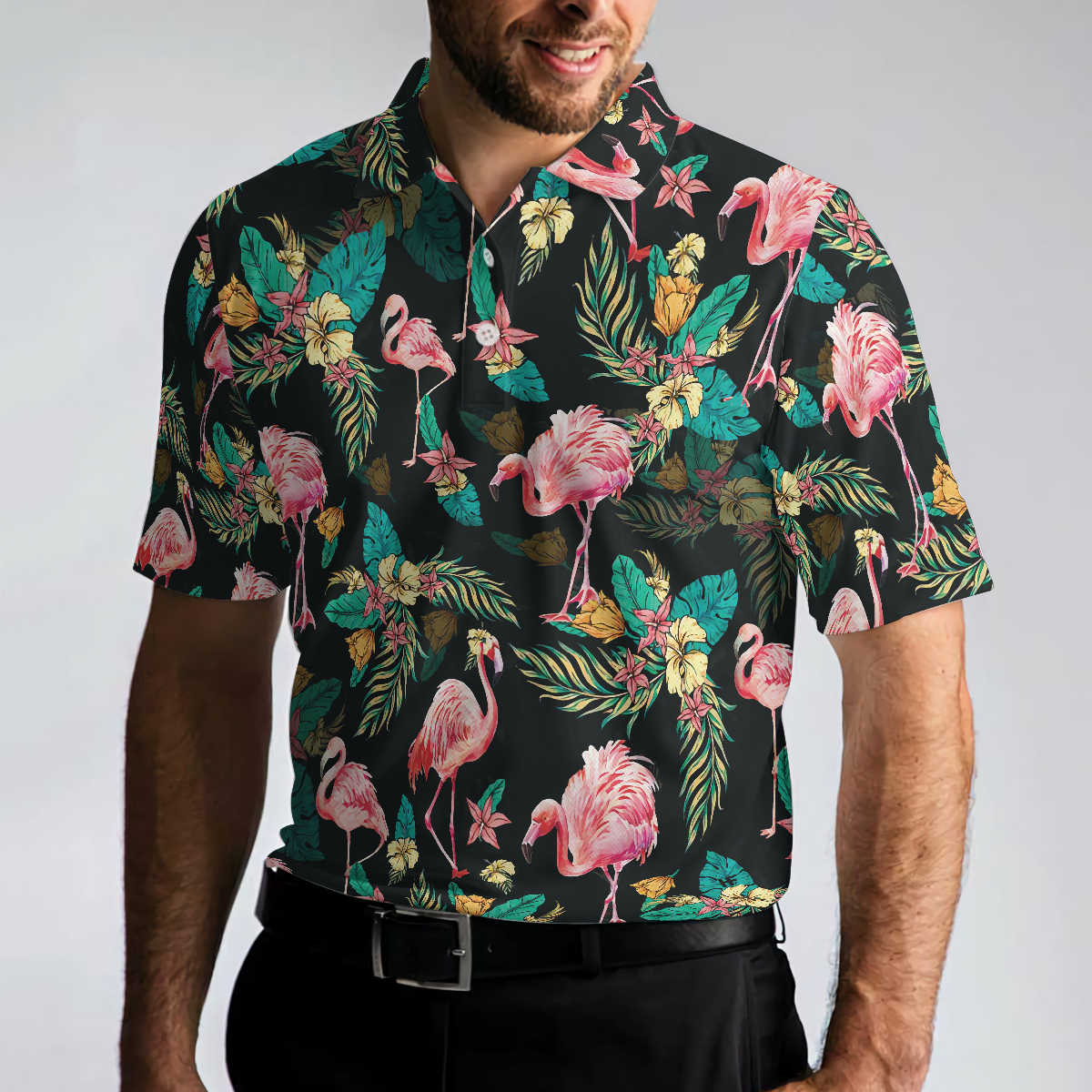 Flamingo Tropical Pattern Polo Shirt, Flamingo Print Shirt For Adults, Pink Flamingo Short Sleeve Shirt - Hyperfavor