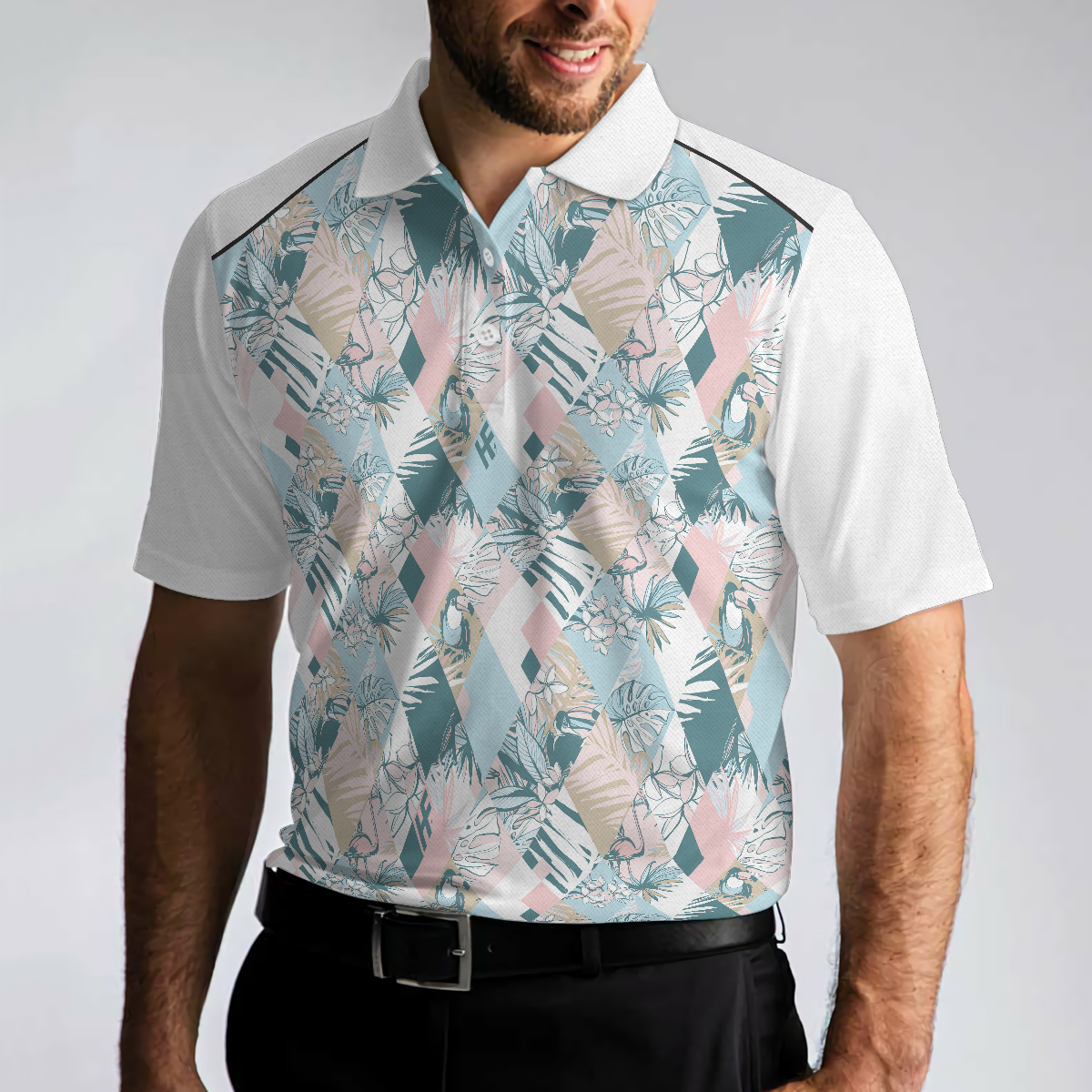 Pastel Tropical Seamless Pattern Polo Shirt, Pastel Tropical Themed Polo Shirt For Men, Summer Outfit Idea - Hyperfavor