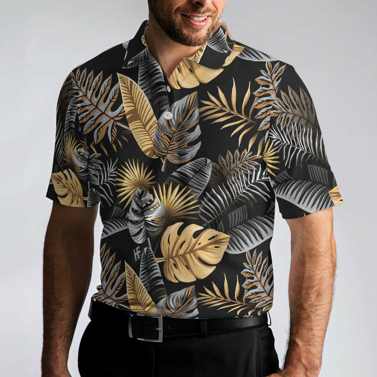 Tropical Golden Palm Leaves Pattern Polo Shirt, Tropical Leaf Polo Shirt For Adults, Summer Vibe Shirt - Hyperfavor