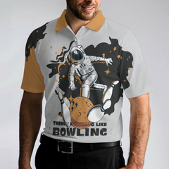 Bowling Astronaut in Space Short Sleeve Polo Shirt, White and Gold Bowling Shirt For Men - Hyperfavor