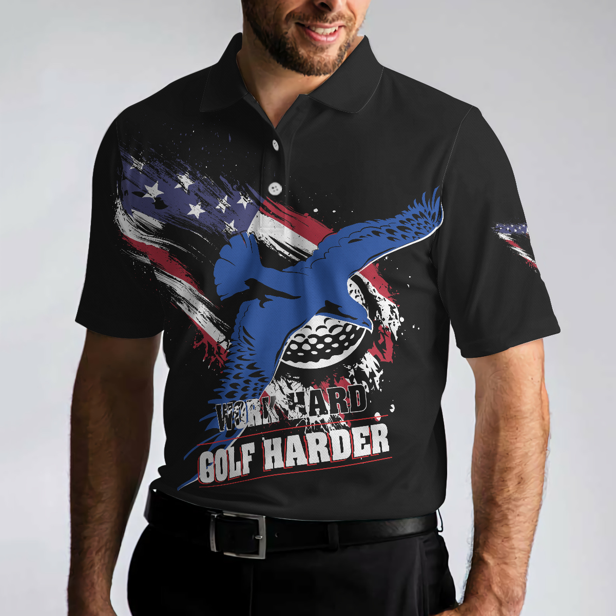 Work hard Golf harder Albatross American Flag Polo Shirt, Golf Shirt For Men, Gift For Golfers - Hyperfavor