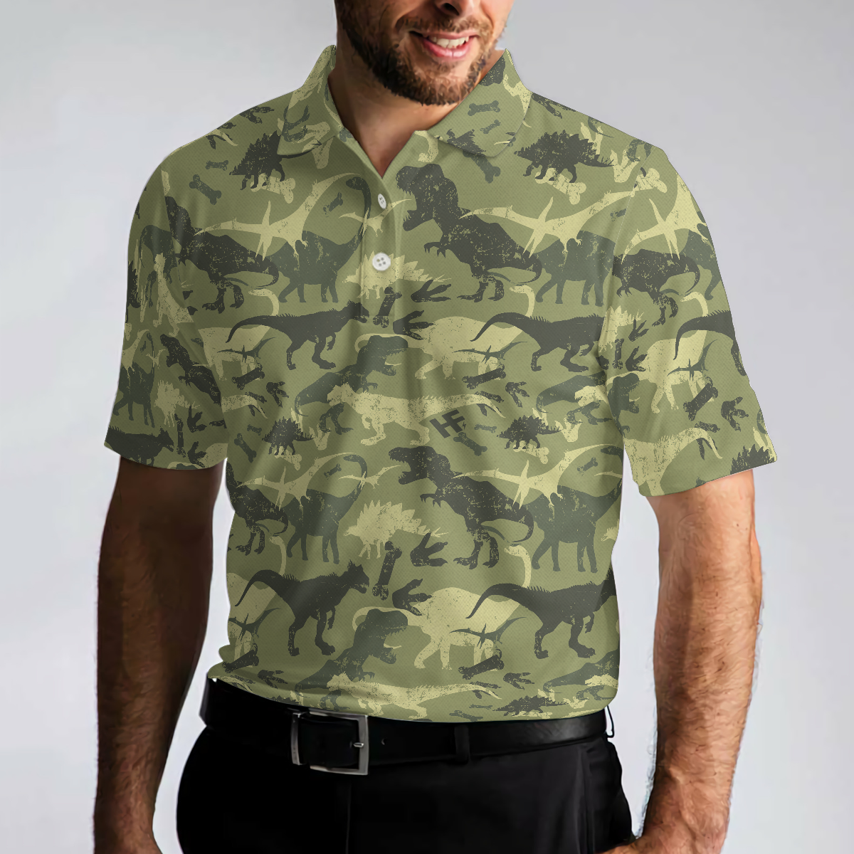 Camouflage Dinosaur Pattern Short Sleeve Polo Shirt, Camo Military Polo Shirt, Best Dinosaur Shirt For Men - Hyperfavor