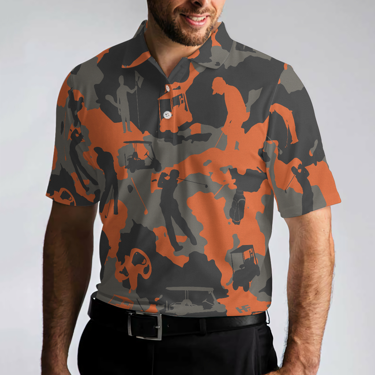 Orange Camouflage Golf Polo Shirt, Golfer Silhouette Pattern Polo Shirt, Camo Golf Shirt For Men - Hyperfavor