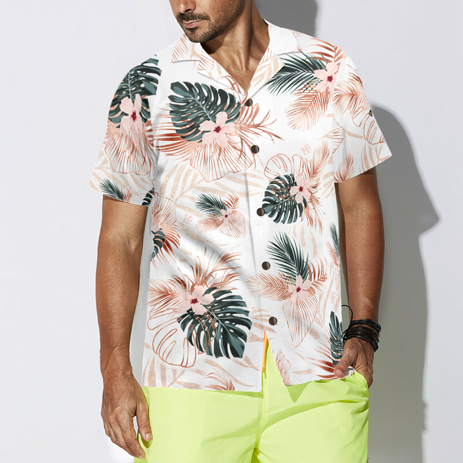 Rose Gold Tropical Palm Leaves Hawaiian Shirt - Hyperfavor