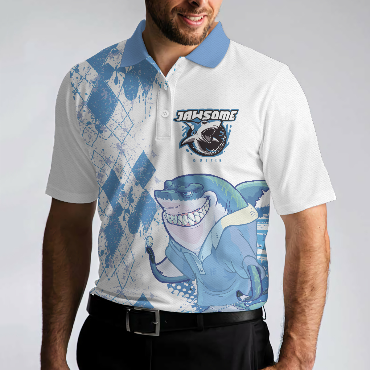 Jawsome Golfer Shark Short Sleeve Golf Polo Shirt, Argyle Pattern Polo Shirt, Best Golf Shirt For Men - Hyperfavor