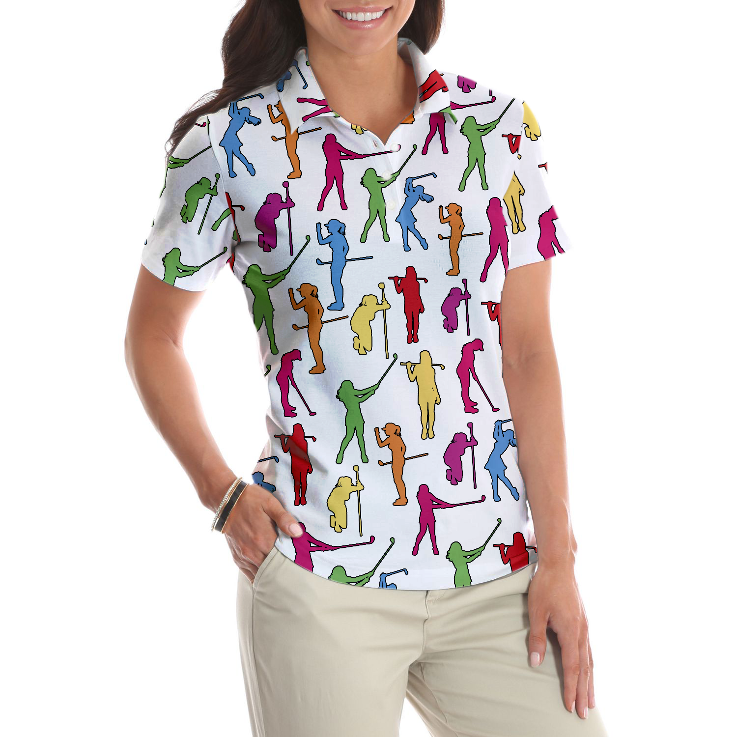 Colorful Female Golfer Short Sleeve Women Polo Shirt, White Golf Shirt For Ladies, Unique Female Golf Gift - Hyperfavor