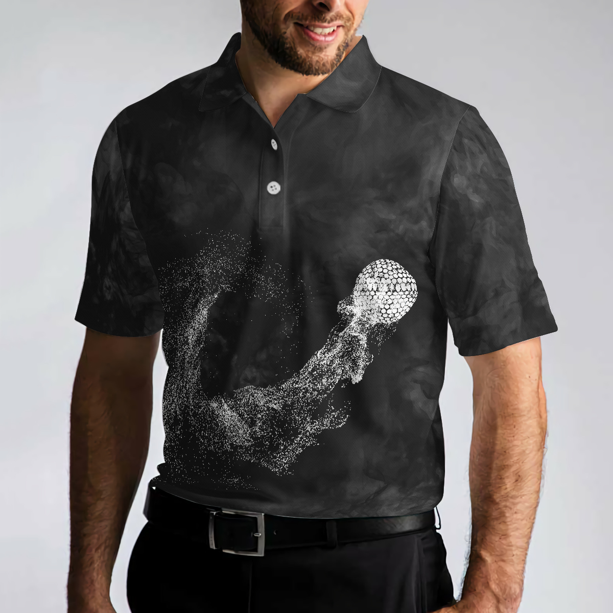 Classic Golf Ball On Smoke Background Polo Shirt, Geometric Circle Dot Graphic Polo Shirt, Best Golf Shirt For Men - Hyperfavor