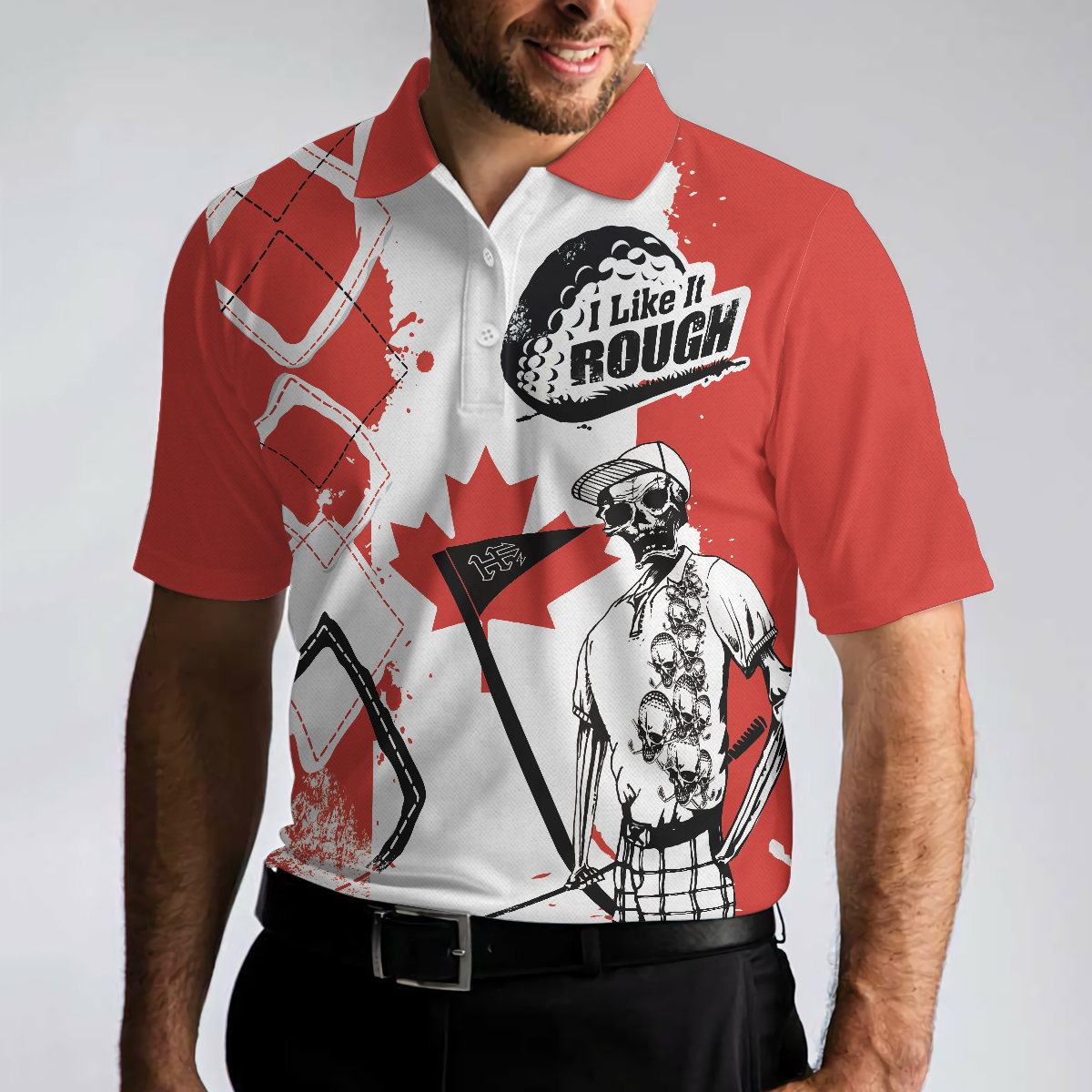 Golf I Like It Rough Canada Flag Polo Shirt, Argyle Pattern Skeleton Golfing Polo Shirt, Funny Golf Shirt For Men - Hyperfavor