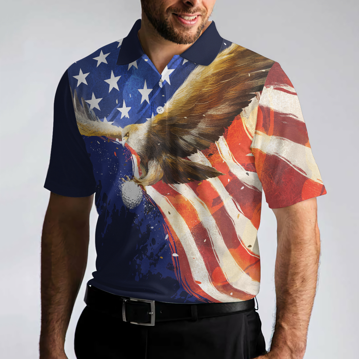 Eagle Flying Golf with American Flag Polo Shirt for Men - Hyperfavor