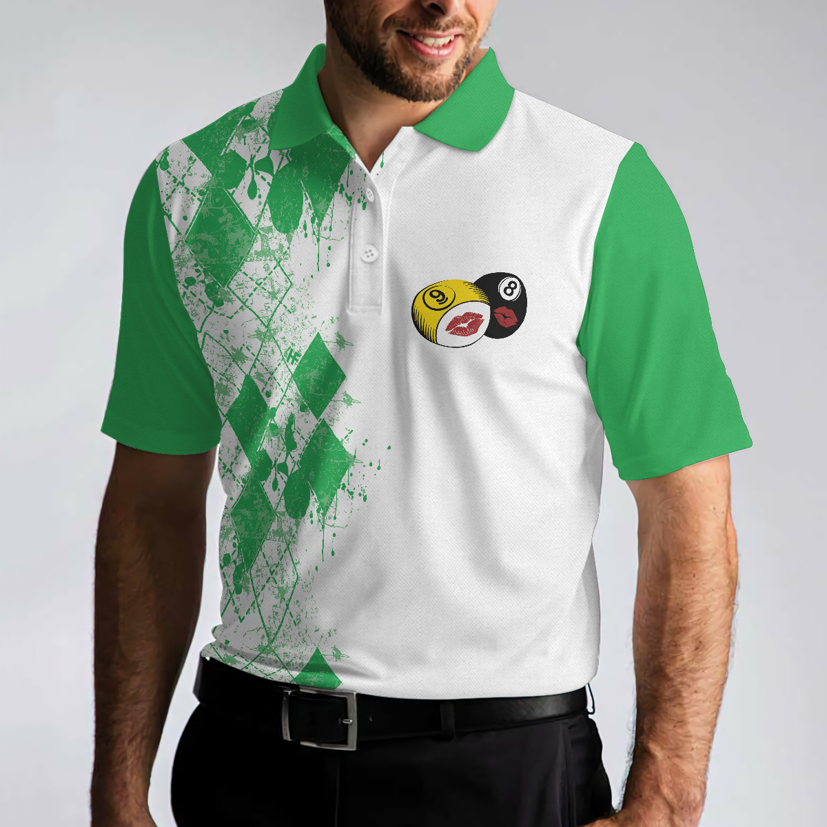 Kiss My Balls Polo Shirt, Green Argyle Pattern Billiards Shirt, Polo Style Billiards Shirt, Gift For Billiard Lovers - Hyperfavor