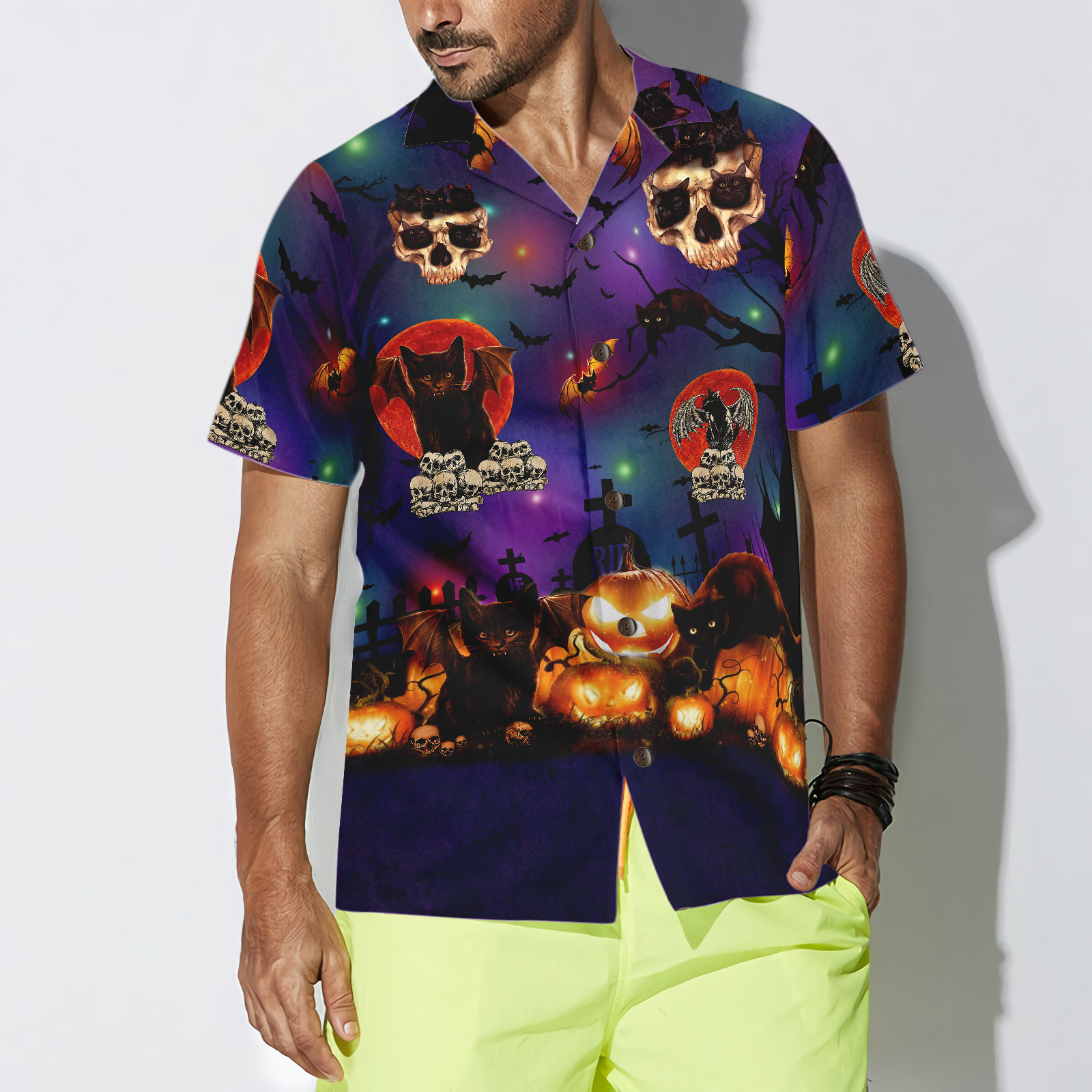 Black Cat Halloween Hawaiian Shirt - Hyperfavor