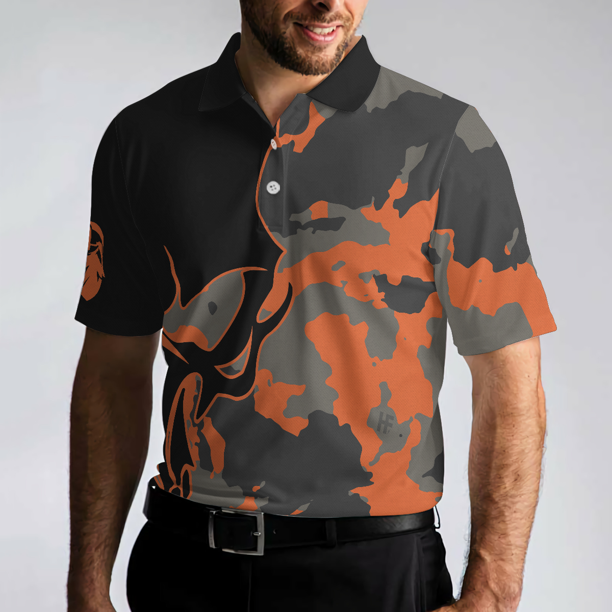 Skull Orange Camouflage Golf Polo Shirt, Streetwear Camo Golf Shirt For Men - Hyperfavor