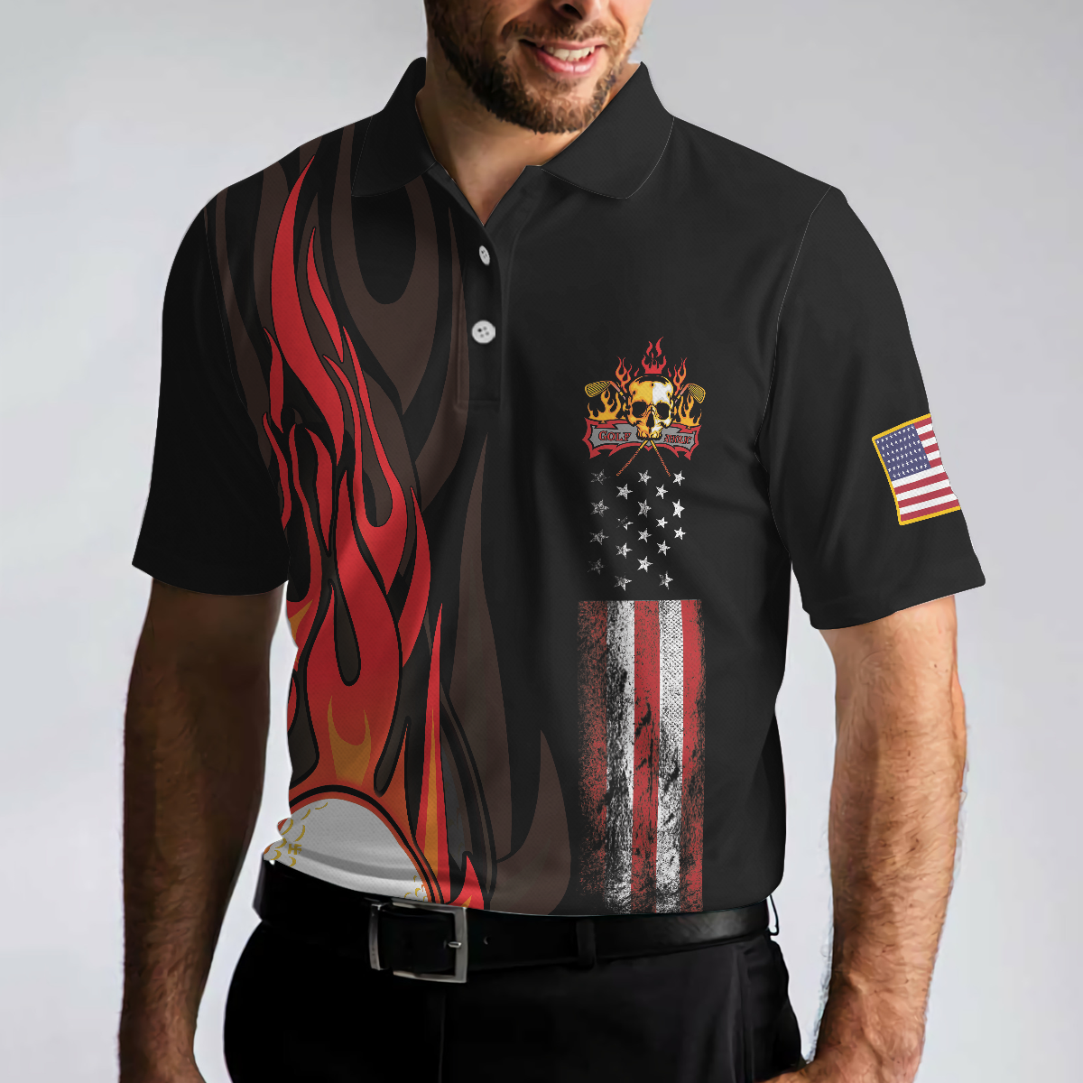 Golf Flame Skull Short Sleeve Golf Polo Shirt, Black American Flag Golf Shirt For Men, Cool Gift For Golfers - Hyperfavor